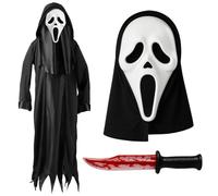 Moonlight Fright 3pc Kids Halloween Costumes for Boys - Boys Halloween Costume Set with White Horror Mask, Bloody Knife and Black Hooded Robe Kids Classic Scary Horror Fancy Dress Outfit