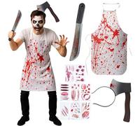 Moonlight Fright 4pc Butcher Halloween Costume Men with Apron, Fake Knife Prop, Fake Axe Headband, Wound Temporary Tattoos - Butcher Halloween Costumes Men Serial Killer Fancy Dress Adult