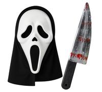 Moonlight Fright Screaming Ghost Face Mask and Knife with Blood Mens Halloween Costumes - Scary Adult Halloween Mask and Bloody Fake Knife Prop - Screamer Ghost Face Outfit Fancy Dress Adult