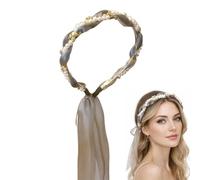 Moonlight Grey Braided Pearl Headband with Ribbon & Gold Accents - Flexible Vintage Boho Headwrap for Women, Weddings, Parties, Festivals & Elegant Daily Wear, Adjustable Ribbon Tie, Twisted Gradient