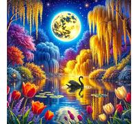 Moonlight Lake Diamond Art Kits for Adults,5D Scenic Animals Diamond Painting Kits for Beginner DIY Square Full Drill Rhinestones Embroidery Diamond Dots Craft for Home Wall Decor Gifts 20x20cm