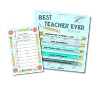 Moonlight Makers Funny Pens and Notepad Stationery Set - 5 Best Teacher Ever Engraved Ballpoint Pens, Black Ink, Teacher Survival Checklist Notepad, Cute Desk Supplies, Funny Work Gifts for Women