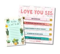 Moonlight Makers Funny Pens and Notepad Stationery Set - Set of 5 Love You Sis Engraved Ballpoint Pens with Black Ink, To Do Or Not To Do Notepad, Cute Desk Supplies & Funny Work Gifts for Women