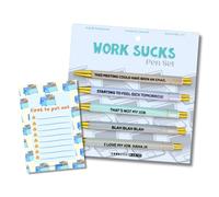 Moonlight Makers Funny Pens and Notepad Stationery Set - Set of 5 Work Sucks Engraved Ballpoint Pens with Black Ink, Fires To Put Out Notepad, Cute Desk Supplies & Funny Work Gifts for Women