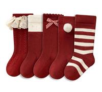 Moonlight Miles 5 Pair Baby Socks, Red Christmas Socks Kids, Cute Toddler Knee High Fluffy Socks for Christmas New Year (M, 1-3 Years)