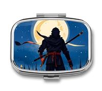 Moonlight Ninja Watercolor Pill Box with 2 Compartments, Portable Pill Organizer for Pocket or Purse, Decorative Metal Medicine and Vitamins Organizer