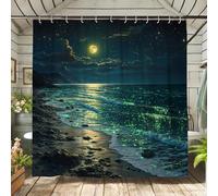 Moonlight Ocean Shower Curtain, Night Sky Sea Wave Bath Curtain for Bathroom Decor, Summer Coastal Modern Art Waterproof Fabric Shower Curtain Set with Hooks 72x72 Inch
