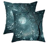 Moonlight Pillow Covers Set of 2, Dark Teal Floral Throw Pillow Cases, Autumn Decorative Square Cushion Covers for Home Sofa Bed Couch 16x16 Inch