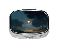 Moonlight Print Pill Box 2 Compartment Medicine Pill Case,Portable for Pocket Or Purse Pill Box Decorative Metal Medicine Organizer