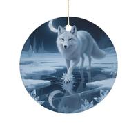 Moonlight Silver Fox Ceramic Christmas Ornaments with Gold String - Personalized Double-Sided 2.9 Inch Xmas Tree Decorations, Rustic Winter Hanging Ornaments for Holiday Party Gift