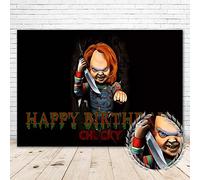 Moonlight Studio Happy Birthday Horror Movie Theme Banner 5x3ft Black Chucky Baby Shower Decorations Background for Party Supplies Vinyl Chucky Backdrop for Birthday