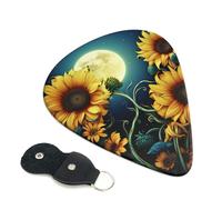 Moonlight Sunflower Pattern Guitar Picks 6 Pcs, 0.71mm Thickness Celluloid Plectrum with Leather Picks Holder, Personalized Guitar Pick for Bass Electric Acoustic Guitars Lovers Gift