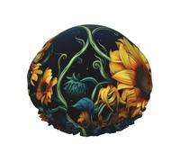 Moonlight Sunflower Pattern Shower Cap for Women Double Layers Thick Hair Caps Reusable Waterproof Bath Caps with Elastic Band Hair Hat Washable Shower Hat for Men Women Spa Salon