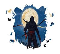 Moonlight Watercolor Style Ninja Personalized Jigsaw Puzzles, 141 Pcs Wooden Jigsaw Puzzle Tiger Head Shape Puzzle Gift