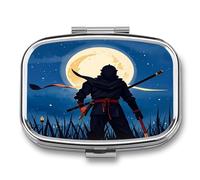 Moonlight Watercolor Style Ninja Pill Box 2-Compartment Portable Pill Case Square Metal Medication Organizer Small Weekly Medication Case with Mirror Stylish Vitamin Holder for Purse Pocket Travel