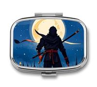 Moonlight Watercolor Style Ninja Pill Box Travel Pill Organizer 2 Compartment Weekly Pill Case with Mirror A Day Medicine Container Medicine Organizer for Purse, Pocket, Or Wallet