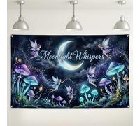 Moonlight Whispers Fairy Wall Backdrop, Enchanted Forest Magical Party Decorations, Dark Blue Indoor/Outdoor Photo Background for Birthday Celebration 71x43 Inch