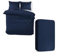 MOONLIGHT20015 4 Piece Double Bedding Set Satin Stripes Duvet Cover Fitted Sheet with Pillow cases Hotel Quality Soft Brushed Microfiber Navy