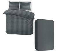 MOONLIGHT20015 4 Piece Double Bedding Set Satin Stripes Duvet Cover Fitted Sheet with Pillow cases Hotel Quality Soft Brushed Microfiber Charcoal