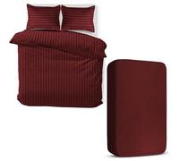 MOONLIGHT20015 4 Piece Double Bedding Set Satin Stripes Duvet Cover Fitted Sheet with Pillow cases Hotel Quality Soft Brushed Microfiber Burgundy