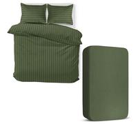 MOONLIGHT20015 4 Piece Super King Bedding Set Satin Stripes Duvet Cover Fitted Sheet with Pillow cases Hotel Quality Soft Brushed Microfiber Olive Green