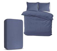 MOONLIGHT20015 Double Duvet Set 4 Piece Satin Stripe Duvet Cover Sets Soft Brushed Microfiber Bedding Sets with Fitted Sheet & 2 Pillow Cases (Washed Blue, 200x200 cm)