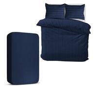 MOONLIGHT20015 King Size Duvet Cover Sets 4 Piece Satin Stripe Duvet Covers Soft Brushed Microfiber Bedding Set with Fitted Sheet & 2 Pillow Cases (Navy, 230x220 cm)