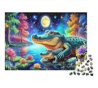 Moonlit Alligators 1000 Piece Moonlit Lake Alligator Fantasy Art Print Jigsaw Puzzles for Adults And Kids Challenging Games 1000 Pieces Beautiful Decoration Challenge High Difficulty 52x38cm/1000pcs