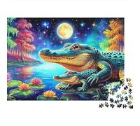 Moonlit Alligators 1000 Piece Puzzle for Adults Jigsaw Puzzles High Resolution, Crocodile Moonlit Lake Matte Finish, Smooth Edging Leisure Puzzle Interlock Perfectly 70x50cm/1000pcs