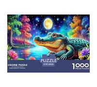 Moonlit Alligators Great Gift Idea 1000 Pc Adult Jigsaws - Crocodile by Moonlit Water Impossible Hard Challenging Game for Wall Decoration38x26cm/1000pcs