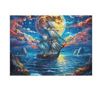 Moonlit Ancient Sailing Ship 500 Piece Jigsaw Puzzle For Men Educational Decompression Adults Anxiety Memory Care Mothers Valentines Gift Sturdy Paperboard 500 PCS/52×38cm