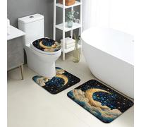 Moonlit Bathroom Mat Sets 3 Piece, Celestial Night Sky Cotton Soft Non Slip Toilet Rugs U Shaped Washable, Dreamy Clouds Quick Dry Memory Foam Bathroom Rug Set