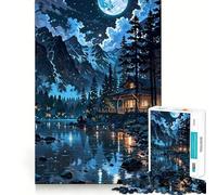 Moonlit Cabin by The Lake Jigsaw Puzzle 1000 Piece for Teenagers Memory Build Vivid Color Playful Challenge Great Gift (38x26cm)