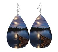 Moonlit Canoe Allagash River Leather Earring For Women Teardrop Pierced Leather Earrings Set Birthday Xmas Jewelry Gifts For Women
