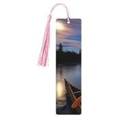 Moonlit Canoe Allagash River Print 5pcs Wooden Bookmarks with Tassels, Reading Page Markers Book Marks, Gifts for Men Women
