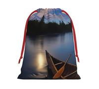 Moonlit Canoe Allagash River Print Christmas Drawstring Gift Bags, Xmas Holiday Fabric Gift Wrapping Bag For Party, Size-L