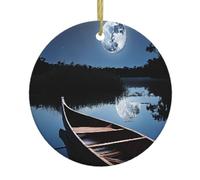 Moonlit Canoe Allagash River -Print Ready To Hang Christmas Ceramic Ornament, Custom Round Pendant Gold String For Tree, Wedding, Retail DéCor.