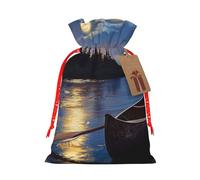 Moonlit Canoe Allagash River Printed Christmas Drawstring Bags for Party Xmas Gift Wrapping, Red Christmas Ribbon, M