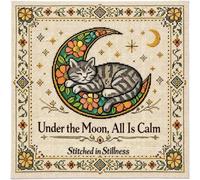 Moonlit Cat Cross-Stitch Kit, Beginners Embroidery Kits, Features a Sleeping Yellow & White Kitten on a Crescent Moon 10.0 x 10.0 Inch, DIY Needlepoint Art for Home Decor Cats Lovers Gifts (#C)