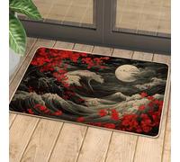 Moonlit Cherry Blossom Doormat, Red Flower Door Mat for Outdoor & Indoor Entrance Japanese Style, Rubber Waterproof Non-Slip Dust Absorbent Front Doormat, Easy Clean 29x17 Inch