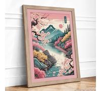 Moonlit Cherry Blossom Japandi Framed Wall Art Print A2 (59.4×42cm) Oak, Wall Decor for Living Room, Bedroom, Office & Home, Ready to Hang, Art Gift