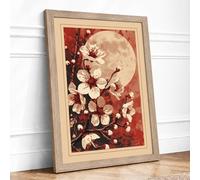 Moonlit Cherry Blossom Japandi Framed Wall Art Print A3 (42×29.7cm) Oak, Wall Decor for Living Room, Bedroom, Office & Home, Ready to Hang, Art Gift