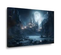 Moonlit Citadel Canvas Wall Art Spooky Haunted House Dark Academia Print Medieval Fantasy Wall Decor for Gothic Living Room Bedroom Gallery Interiors 50x75cm-Framed
