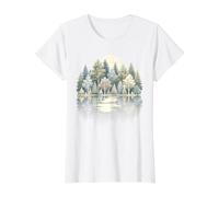 Moonlit Forest Nature Landscape Reflection Evergreen Trees Value Graphic T-Shirt, Women, White, M