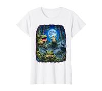 Moonlit Frog Chorus Mushroom Woods Firefly Night Art Value Graphic T-Shirt, Women, White, M