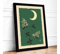Moonlit Garden Birds Vintage Framed Wall Art Print A1 Black