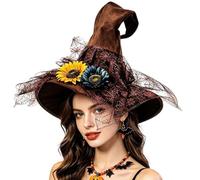 Moonlit Gothic Witch Hat with Lace Edge for Halloween Cosplay and Witchy (Brown-A, M)