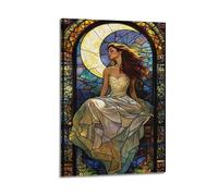 Moonlit Grace Wall Art, Stained Glass Print, Fantasy Poster, Ethereal Canvas Picture, Dreamy Decor for Living Room Artistic Wall Mural Modern Hanging Decor Poster16x24inch(40x60cm)