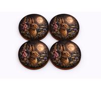 Moonlit Hare Coasters Set of 4, Round MDF, 9cm, Woodland Wildlife Theme with Moon and Wildflowers Design