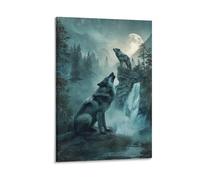 Moonlit Howling Wolves Canvas Wall Art, Waterfall Forest Animals Landscape Picture Painting on Canvas, Print Poster Decoration Artwork for Home Living Room Bedroom Wall Decor Frame 08x12inch(20x30cm)